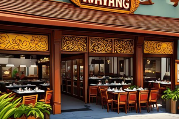 Elegant restaurant interior with warm lighting and traditional Indonesian decor